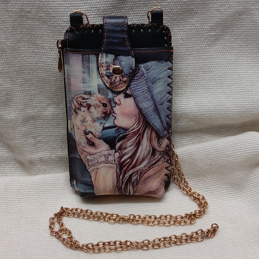 Stylish Girl Pattern Cell Phone Bag with Chain Shoulder Strap - Black